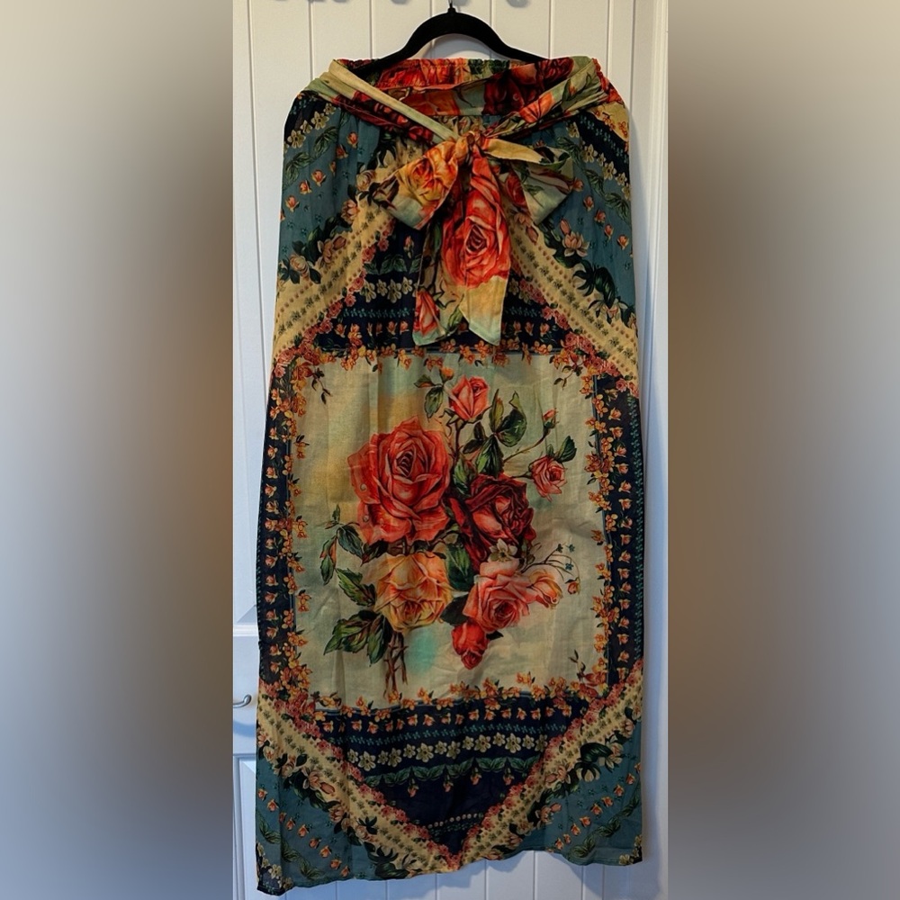 Agua Bendita Floral Rose Print Swim Coverup in Green and Coral
